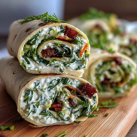 Fresh spinach tortilla wraps filled with herb cream cheese, crisp vegetables, and baby spinach, ideal for parties.