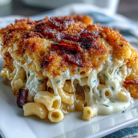 Creamy Southern baked mac and cheese with a golden cheesy crust, bubbling hot from the oven and ready to serve at your next gathering.