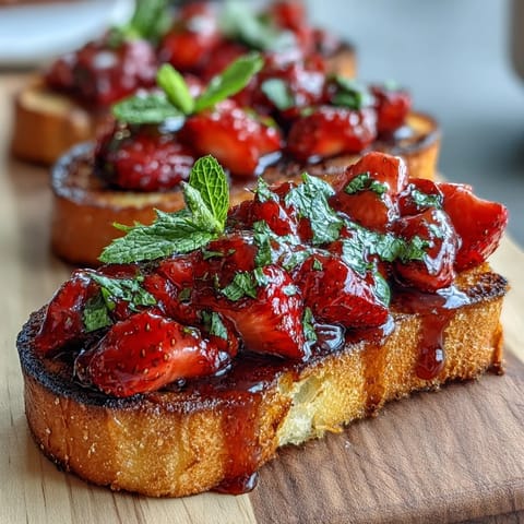 Fresh strawberry bruschetta with balsamic glaze and mint served on golden toasted baguette slices, perfect for summer entertaining.