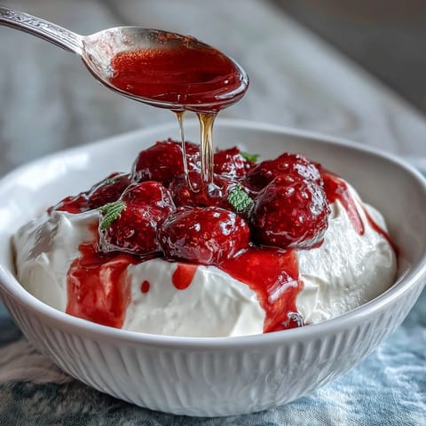 Strawberry compote swirls over creamy Greek yogurt in a vibrant, refreshing dessert bowl.  
