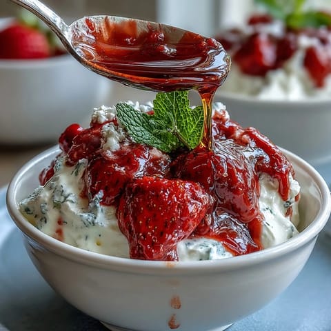 Bright red strawberry compote drizzled atop thick Greek yogurt, garnished with fresh mint.  