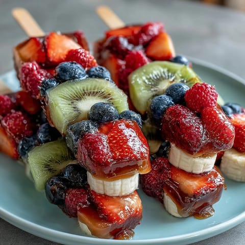 Festive Fourth of July fruit skewers with red strawberries, white bananas, and blueberries on wooden sticks.