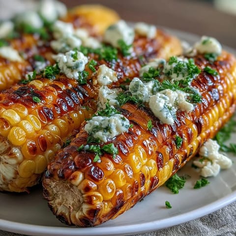 Microwave corn on the cob with garlic butter, hot and juicy, served on a plate with melted herb butter pooling on top.