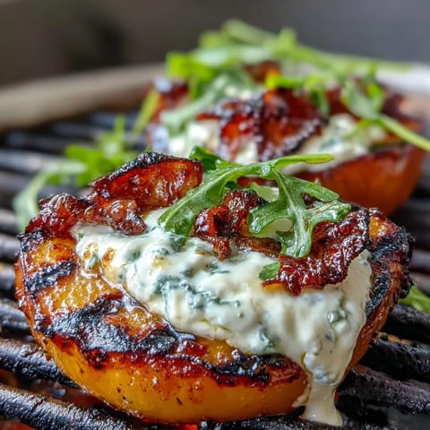 Grilled Peach and Burrata Salad with arugula, cherry tomatoes, and balsamic glaze—sweet, creamy, and vibrant summer flavors.