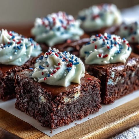 Festive firecracker brownie bites topped with creamy vanilla frosting and red, white, and blue sprinkles.  