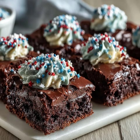 Fudgy mini brownie bites with smooth cream cheese frosting, decorated for a patriotic 4th of July dessert.  