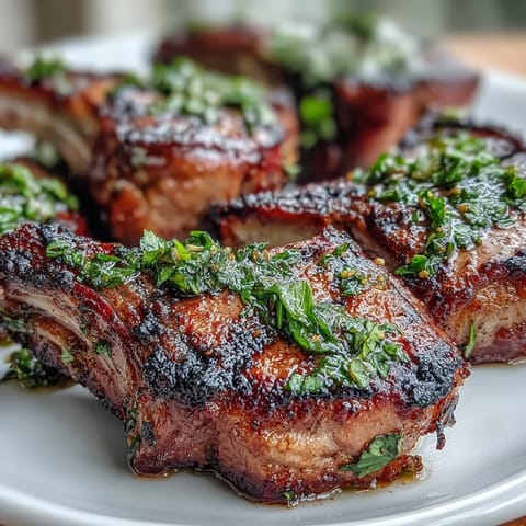 Grilled lamb chops topped with fresh mint gremolata, a zesty herb sauce that adds bright flavor to tender meat.