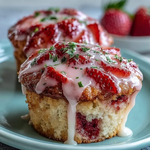 Fresh strawberry lemon muffins with a tangy glaze, perfect for a bright spring brunch.  