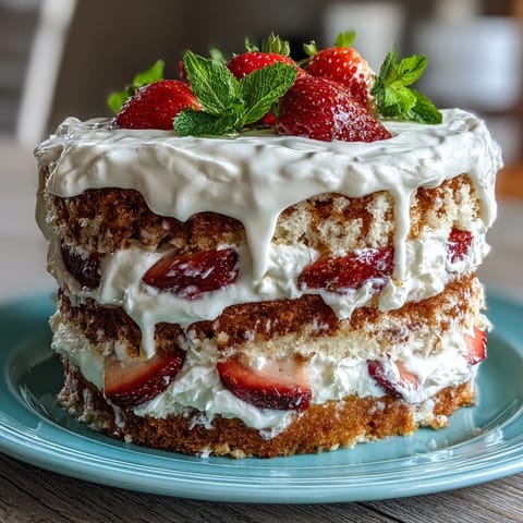 Naked spring cake with fresh strawberries and whipped cream filling.