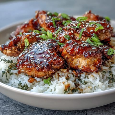 Juicy chicken thighs glazed in sweet honey garlic sauce, served over fluffy jasmine rice for a comforting dinner.  
