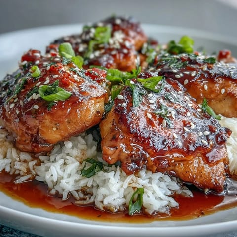 Slow-cooked honey garlic chicken with aromatic rice, garnished with green onions and sesame seeds for extra flavor.  