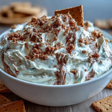 Creamy, fluffy cheesecake dip served with golden graham crackers for a dreamy, sweet snack.