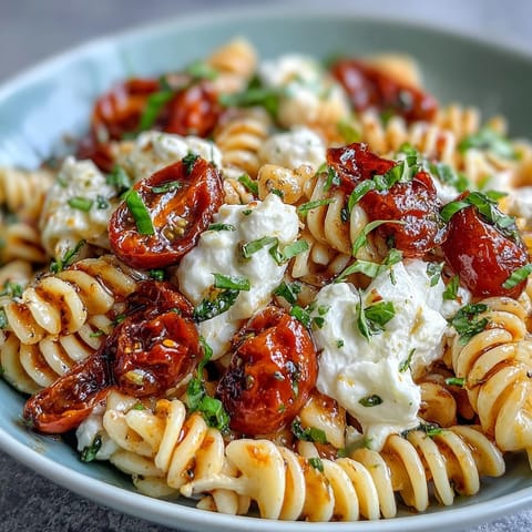 Creamy Caprese pasta with burrata, bursting cherry tomatoes, and fresh basil in a vibrant, summery dish.  