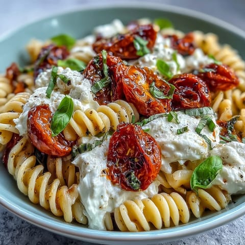 Silky burrata melts over al dente pasta, paired with ripe tomatoes and fragrant basil for an Italian classic.  