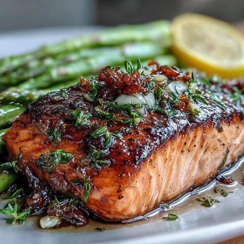 Garlic Butter Salmon with Asparagus sizzling in a skillet, golden fillets glistening in rich garlic butter sauce.