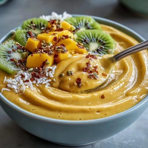 Vibrant Mango Chili Lime Smoothie Bowl topped with fresh fruit and granola.