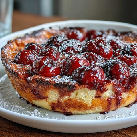 Luscious vanilla bean clafoutis bursting with sweet cherries, ready to serve warm.