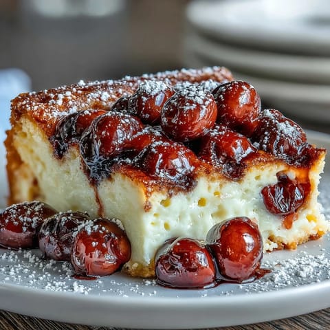 Fresh cherry clafoutis with vanilla bean, cherries baked golden in custard.