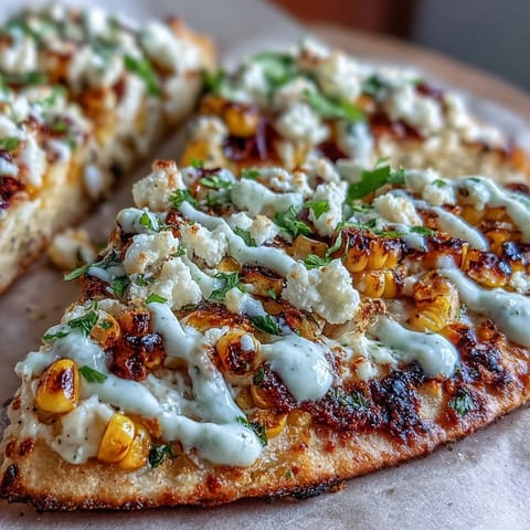 Cinco de Mayo Street Corn Flatbread with jalapeño crema, charred corn perfection.