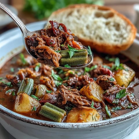 Slow-simmered Kentucky Derby Burgoo Stew, a savory Southern classic, served steaming hot.