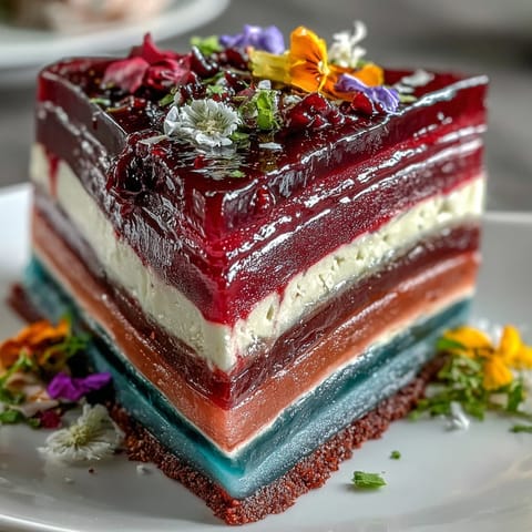 Glistening agar-agar rainbow jelly cake adorned with smooth coconut cream, sliced beautifully.