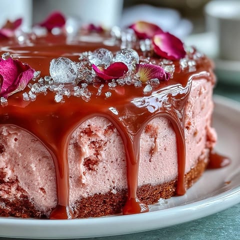 Elegant Bridal Shower Rosé Velvet Cake artfully draped with shimmering gold drip.