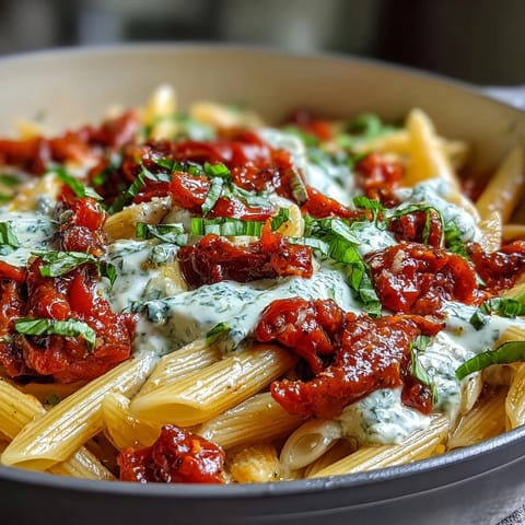 Creamy tomato basil pasta dish garnished with fresh basil for a vibrant, comforting meal.