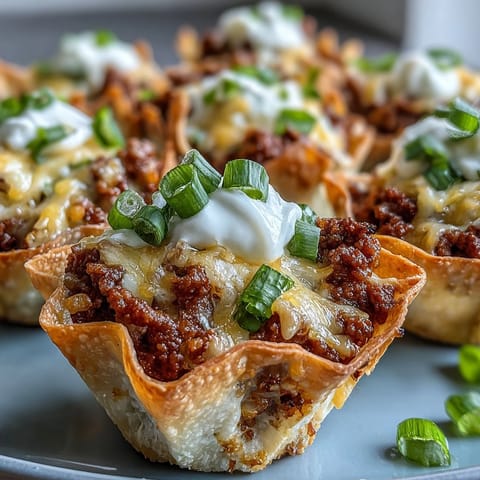 Golden-baked wonton taco cups filled with seasoned ground beef and melted cheese.