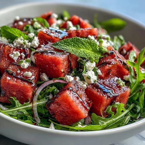 Watermelon Feta Arugula Salad, vibrant with juicy fruit and tangy balsamic drizzle.