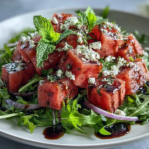 Arugula salad with sweet watermelon, crumbled feta, and rich balsamic syrup, perfect for summer.