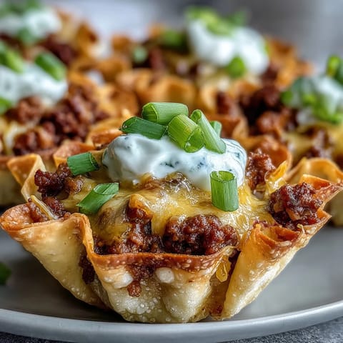 Crispy mini taco cups in wonton wrappers, a delightful appetizer with savory filling.