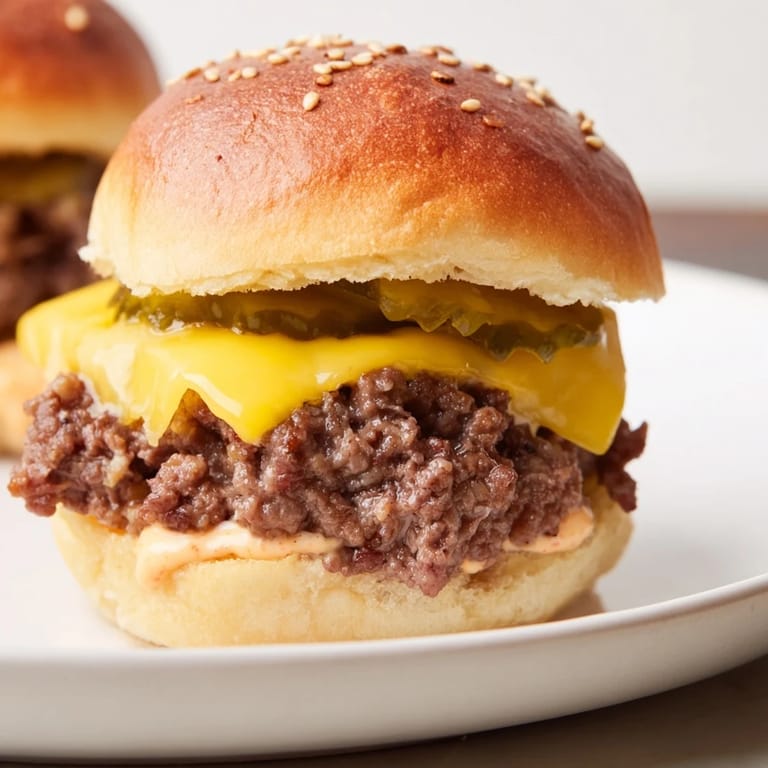 Close-up of freshly grilled sliders – mini hamburgers – with melted cheese and tangy pickle slices piled high.