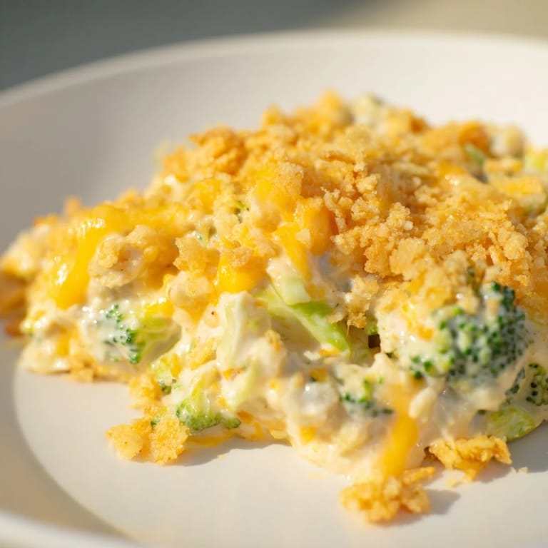 A close-up of savory Broccoli Casserole, overflowing in a baking dish, ready to serve for dinner.