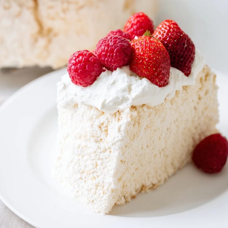 A close-up of a perfectly baked angel food cake, ready for serving or enjoyment.