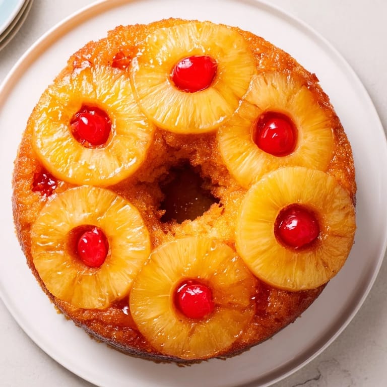 A slice of warm Pineapple Upside-Down Cake glistens, with juicy pineapple and a perfectly baked cake base.