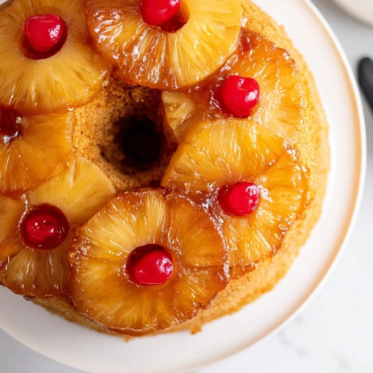Freshly inverted Pineapple Upside-Down Cake with a beautiful caramel glaze and inviting aroma.
