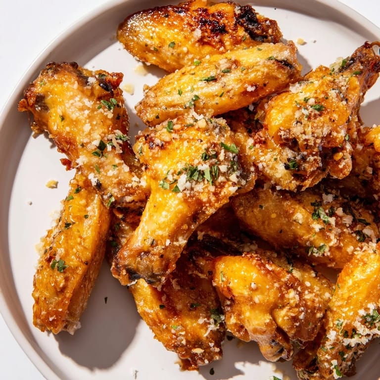 A close-up of savory Garlic Parmesan Wings, glistening with garlic butter and fresh parsley garnish.