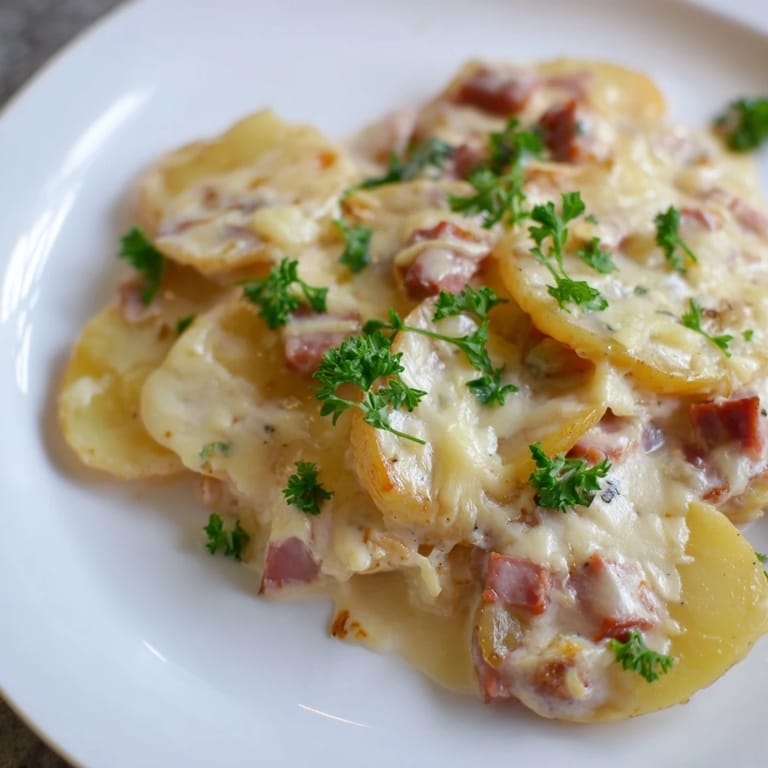 Warm, creamy Scalloped Potatoes with Ham, served from a casserole dish, a perfect comfort food.