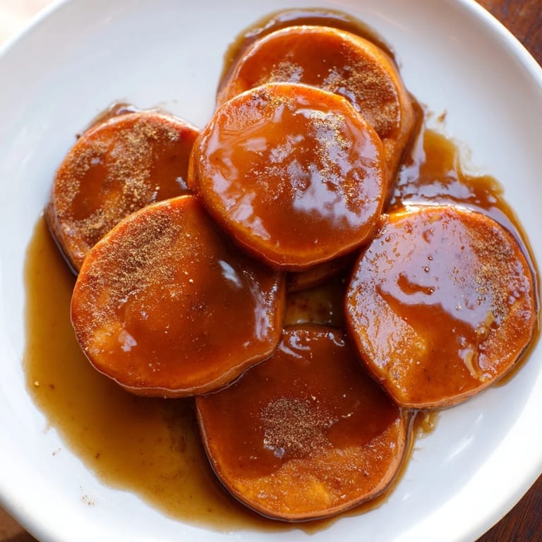 Close-up of bubbling Candied Yams, showcasing tender sweet potatoes with toasted pecans topping.