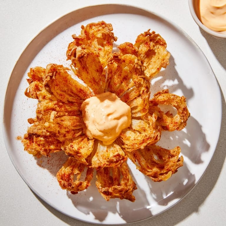 Crispy-fried onion petals, a blooming circle of deliciousness, ready to dip in creamy sauce.