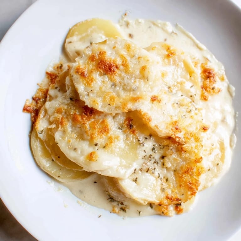 Steaming hot close-up of Au Gratin Potatoes, layered potatoes with melted cheese and a flavorful crust.