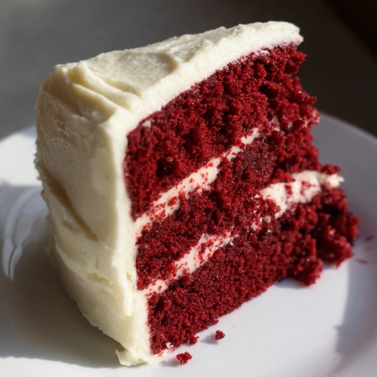 Moist, layered Red Velvet Cake topped with generous, fluffy cream cheese frosting.