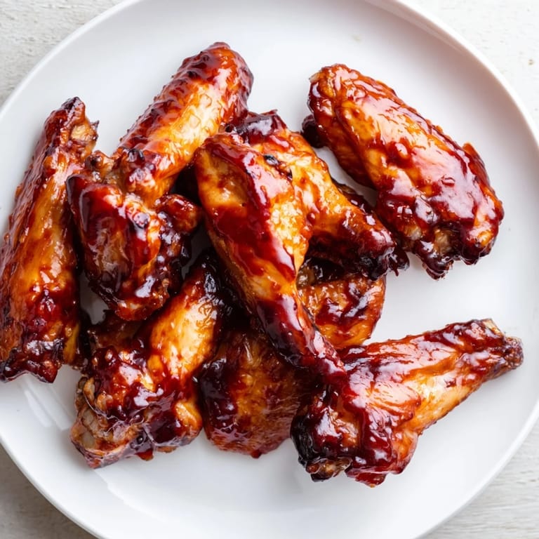 Close-up of perfectly cooked Honey BBQ Chicken Wings coated in a vibrant, sticky glaze, smelling divine.