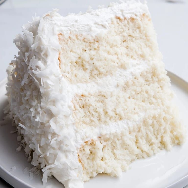 A beautiful cross-section of homemade Coconut Cake, boasting coconut filling and seven-minute frosting.