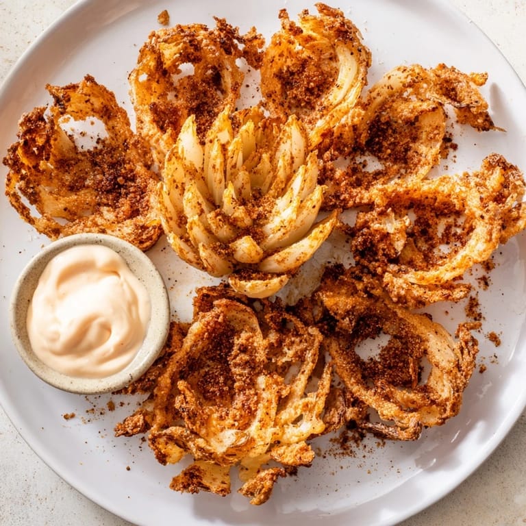 This appealing blooming onion shows off its crispy, petal-like appearance before serving to guests.