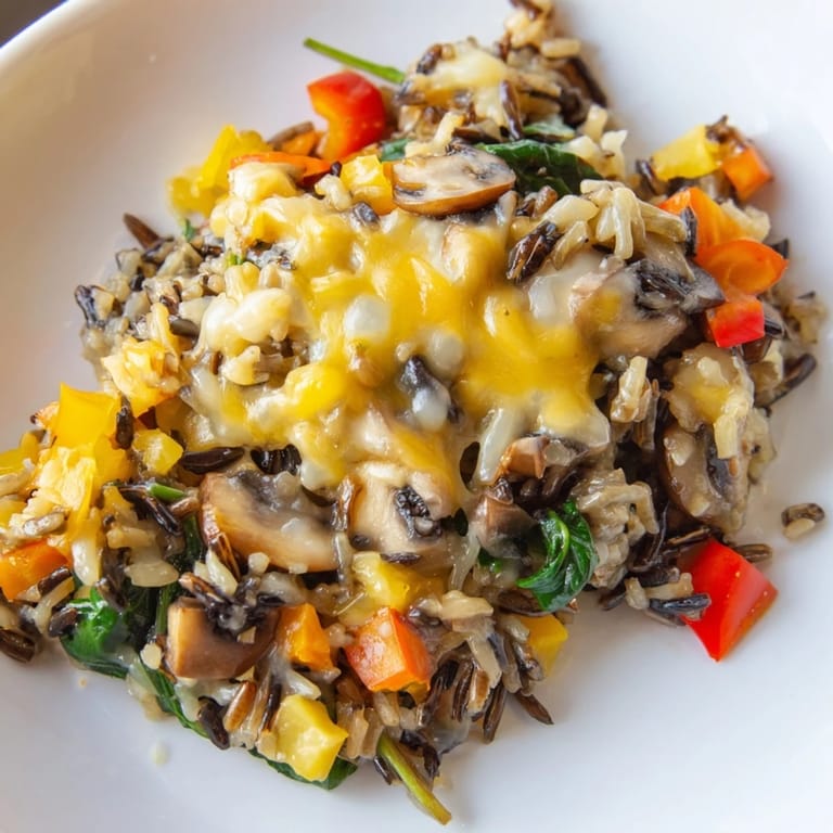 Warm, flavorful wild rice casserole with a melted cheese topping, offering hearty vegetarian comfort.