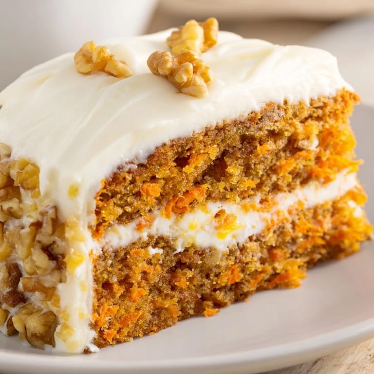 Classic homemade carrot cake with visible carrots, pineapple, and nuts in every slice.