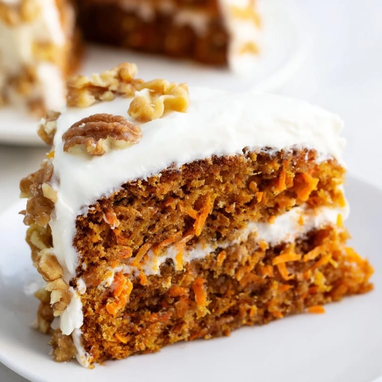 Delicious layered carrot cake topped with cream cheese frosting, a perfect dessert recipe.