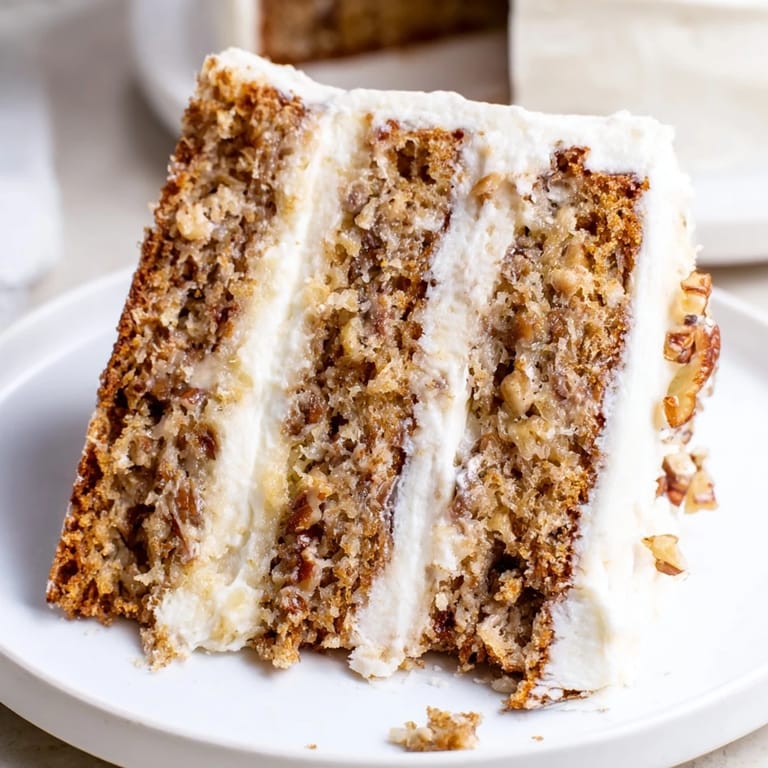 Homemade Hummingbird Cake with toasted pecans, ready to slice and enjoy with your favorite beverage.