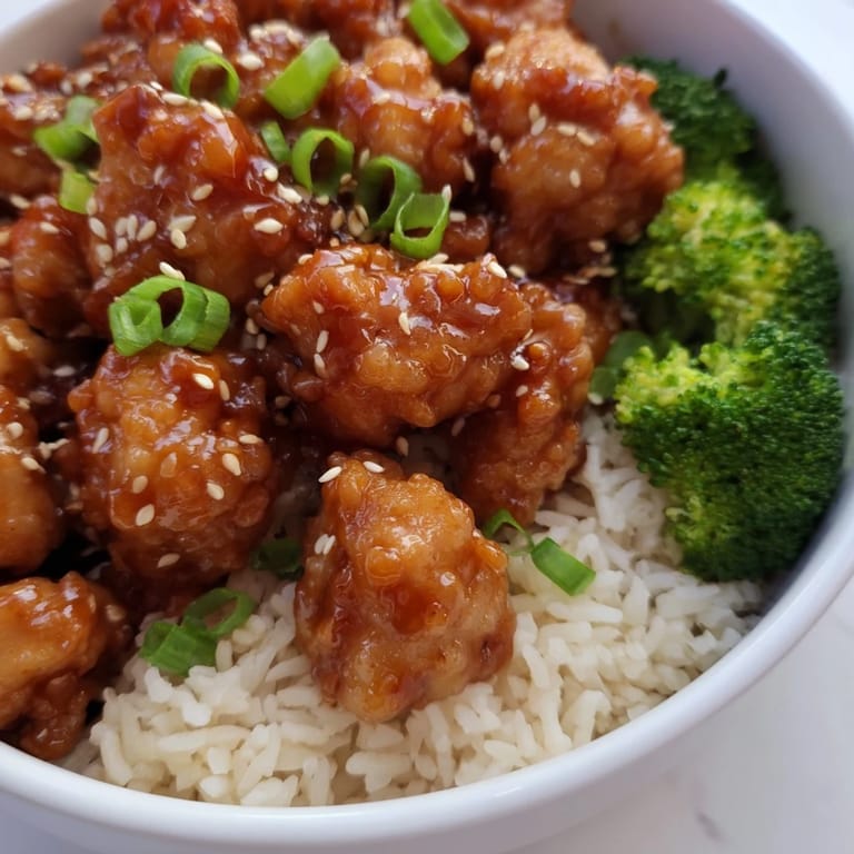 Juicy pieces of chicken coated in a vibrant sweet chili glaze are piled over steamed rice, alongside crisp broccoli and a sprinkle of sesame seeds.
